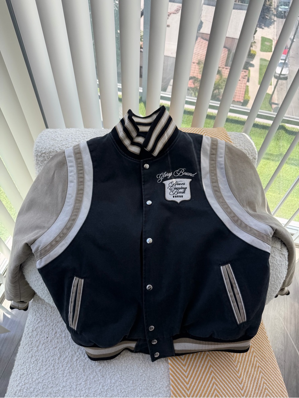 Rhude Black and Gray Striped Collar Varsity Bomber Jacket